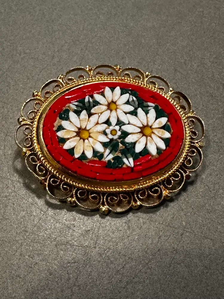 Vintage Micro Mosaic Pin Made in Italy Red White Daisy Flowers