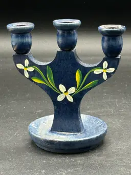Vintage Scandinavian Swedish candelabra folk art in blue, hand painted white flower accent