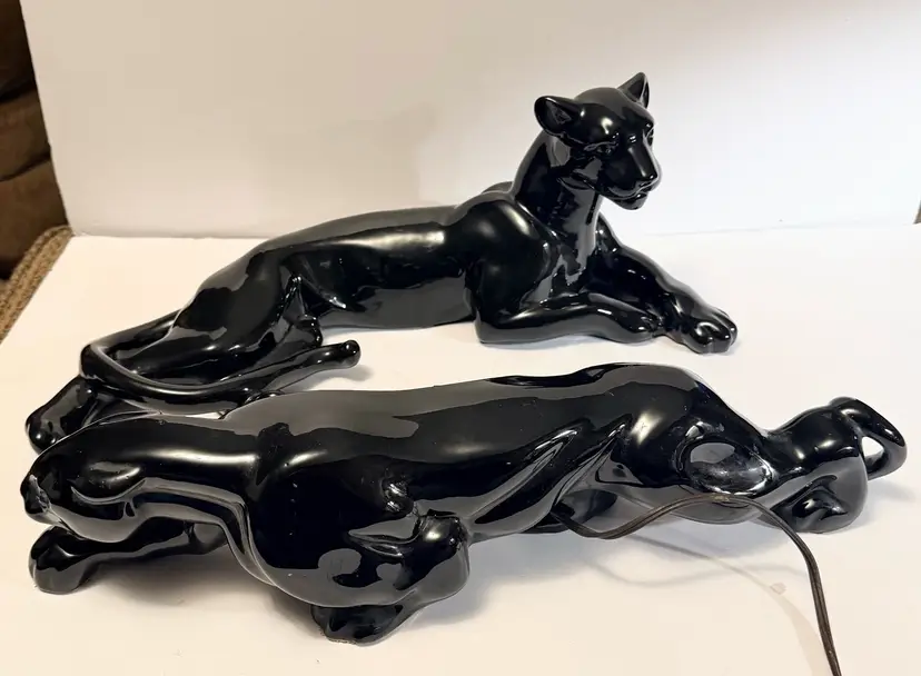 Vintage MCM Glossy Black Ceramic Panther Figurine Reclining & TV Lamp 18"
