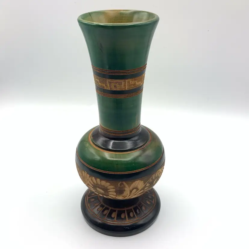 Vintage Carved Mexican Wooden Vase Green Mid Century Modern