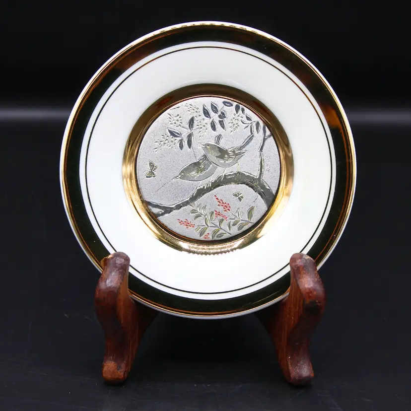 Vintage Chokin Art Plate Lovebirds Butterflies Japan 24K Gold Trim Mini Display