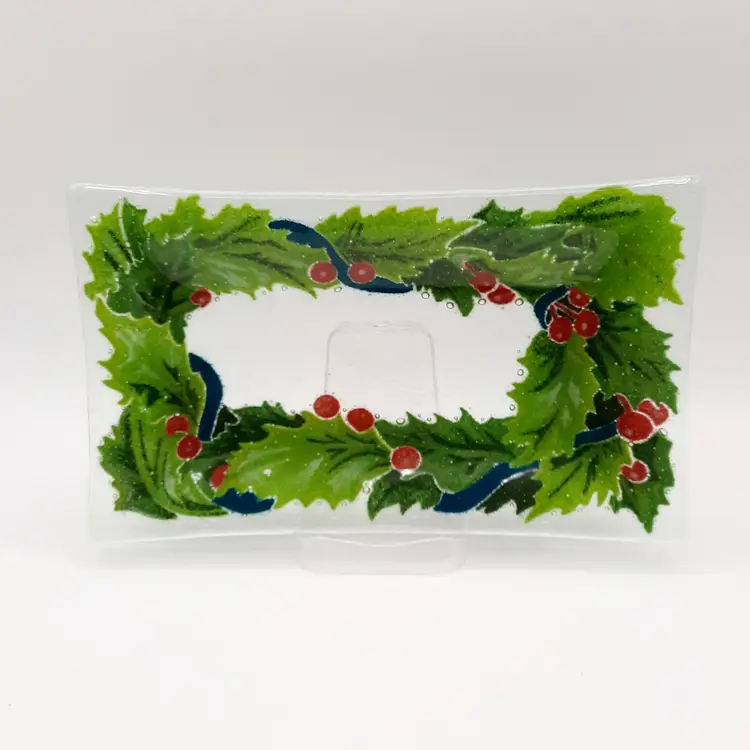 Peggy Karr Signed Fused Glass Christmas Holly Berry Rectangle Tray