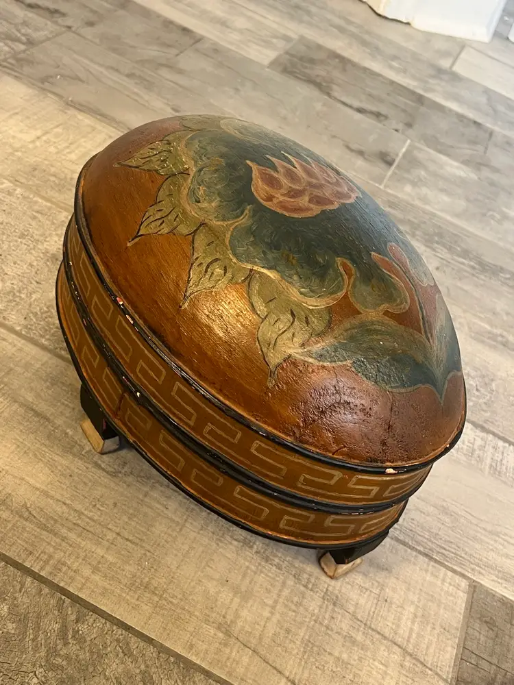 Indonesian Wooden Hand Painted And Carved Offering Box With Domed Lid