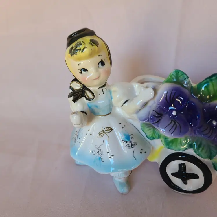 Vintage Ucagco 1950s  Purple Pansey Flower Blue Dress Blonde Girl Cart Planter