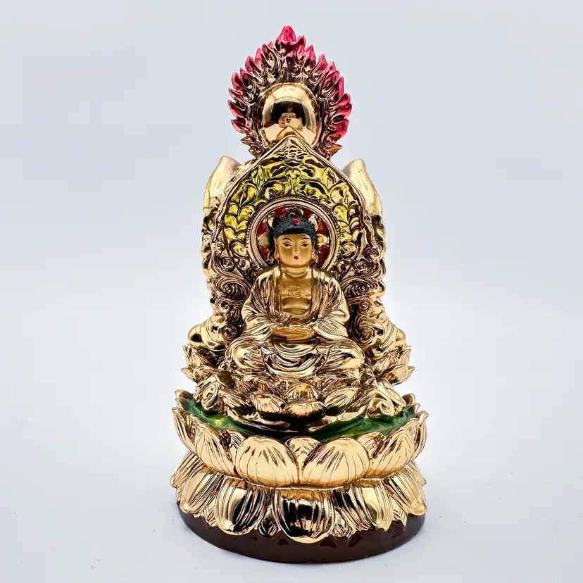 Trinity Buddha Resin Statue Figurine 5.5" x 3" Gold Tone