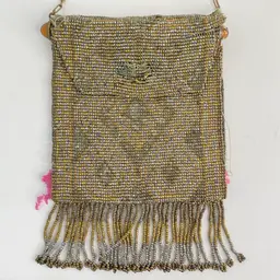 #02 Antique French Beaded Purse Amber Glass Fringe 1920s Made in France Repair Needed
