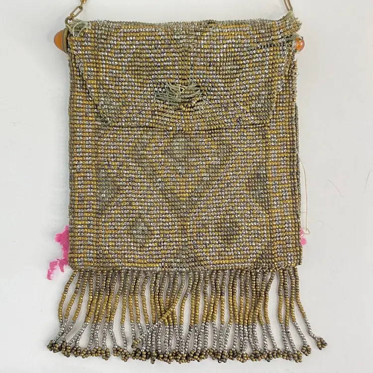 #02 Antique French Beaded Purse Amber Glass Fringe 1920s Made in France Repair Needed