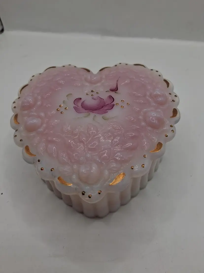 Vintage Fenton Rosaline Ribbed Heart Trinket Box, Glows.