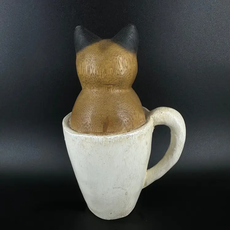 Handcarved Wooden Kitty In Mug Figurine