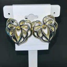 Dimensional Heart Earrings, Pierced, Gold Wash And Silver 1 1/2”