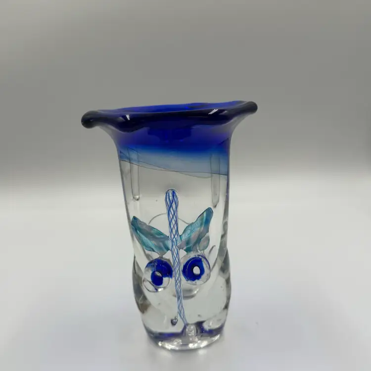 Art Glass Clear Vase With Cobalt Blue Applied Glass floral Design