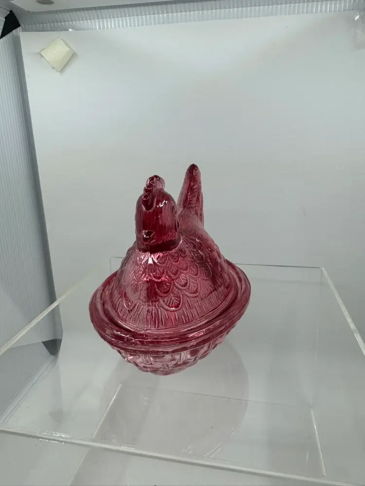 Pink pressed glass hen on nest