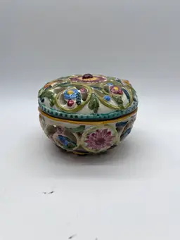 ITALIAN BASSANO Hand Painted Ceramic Faience Lidded Candy Bowl Trinket Dish Vintage Circa 1970s Signed Limited Edition