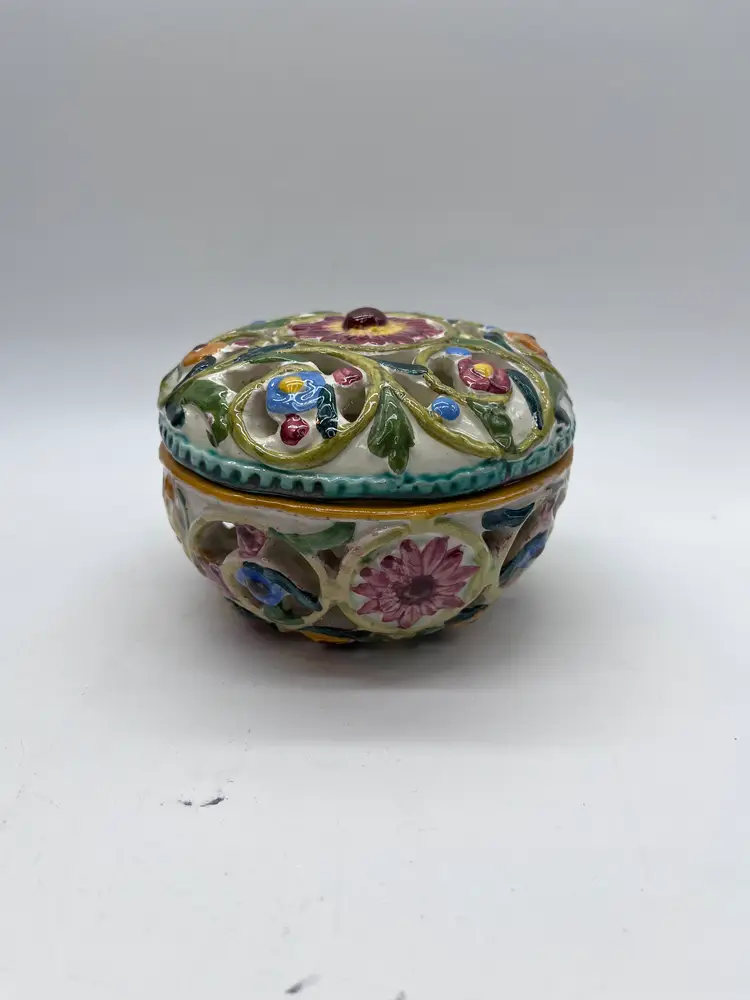 ITALIAN BASSANO Hand Painted Ceramic Faience Lidded Candy Bowl Trinket Dish Vintage Circa 1970s Signed Limited Edition