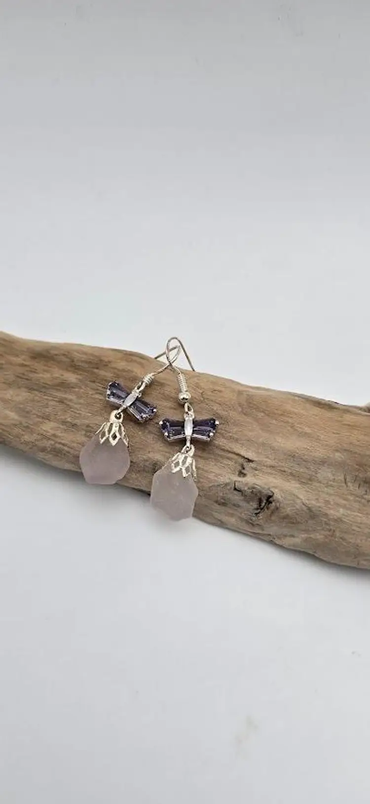 Pale Purple Real Maine Sea Glass Dragonfly Earrings, NN Artist Made