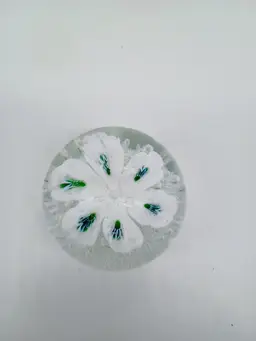 Murano Glass Paperweight White & Green Flower Bubbles Hand Blown Vintage
