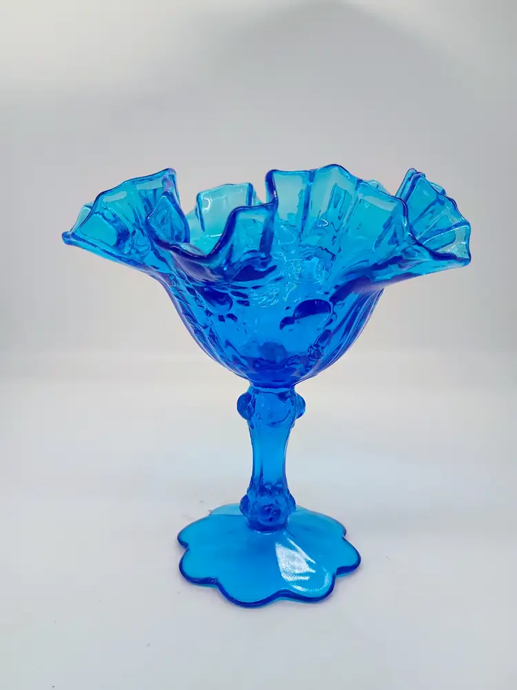VTG Fenton Glass Colonial Blue Pedestal Candy Dish Compote Cabbage Rose Pattern With Ruffled Rim