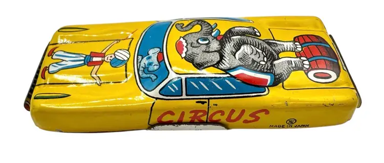 Vintage Tin Litho Circus Clown Car Car Toy Yellow Elephant Plastic Made in Japan