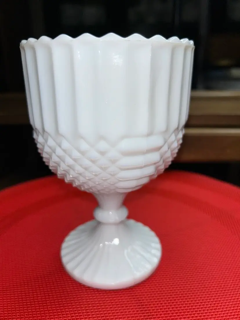Vintage Anchor Hocking Milk Glass Goblet Diamonds & Ribbons, Sawtooth Rim, Knobbed Stem, Ribbed Foot