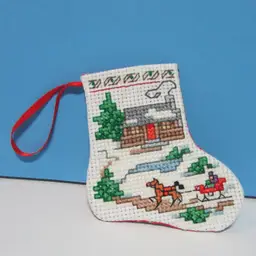 #01 completed handmade cross stitch small Christmas stocking ornament winter scene