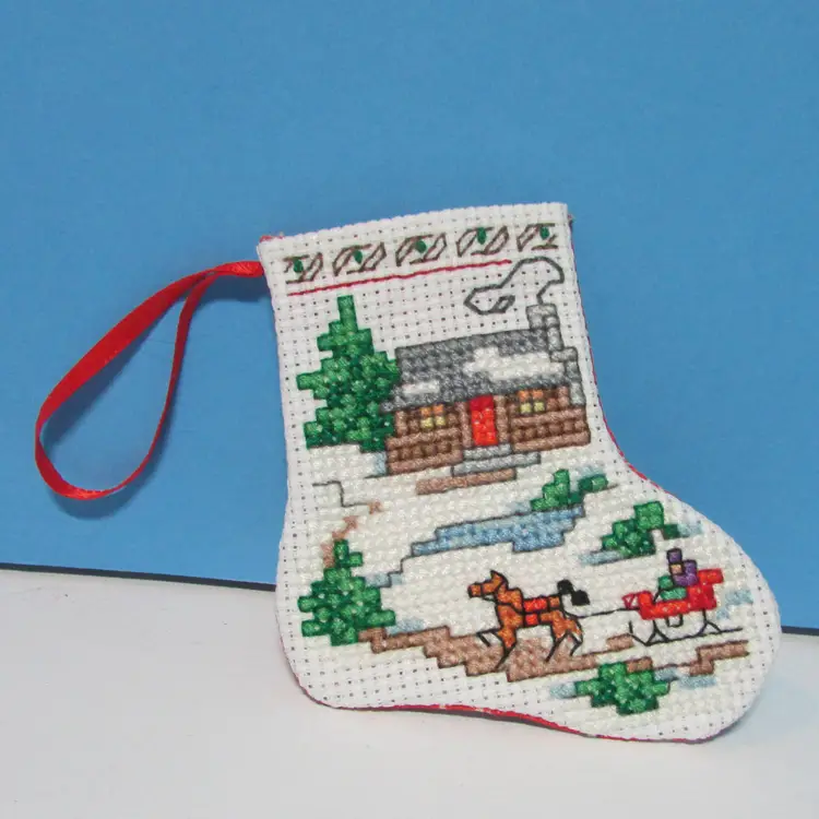 #01 completed handmade cross stitch small Christmas stocking ornament winter scene