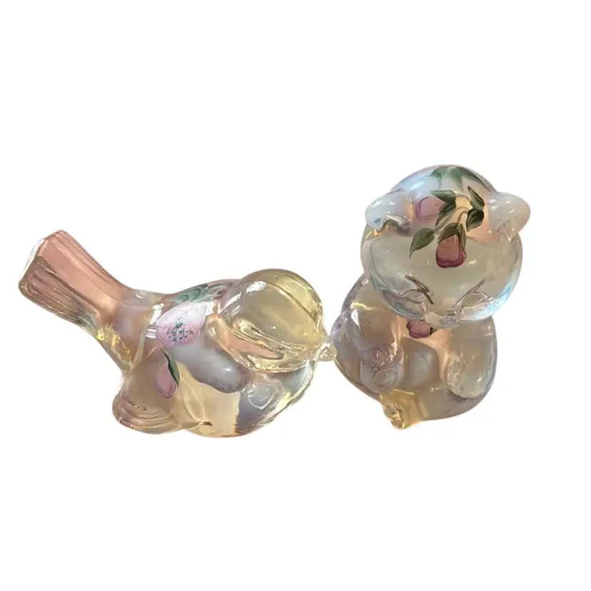 Matched Set - Opalescent Milky White To Clear Bird & Bear Pink Poppies & Vine Floral Design - Handpainted By LK - 3”