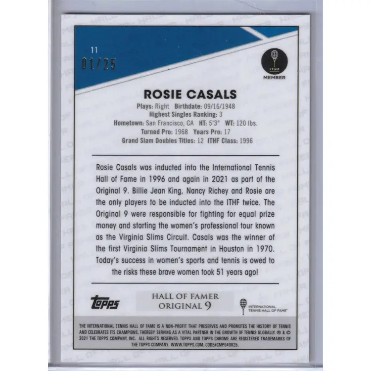 Rosie Casals Orange Refractor #'d /25 Topps Chrome Tennis Card 2021