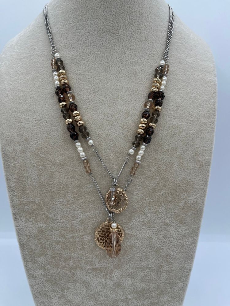 Chicos Necklace Gold Tone — Brown Bead Faux Pearls — New Old Stock