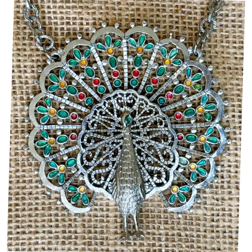 Vintage Gold Crown Inc Silver Tone Peacock Necklace Colorful Bird Pendant