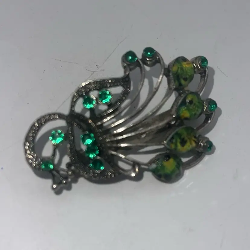 Vintage Peacock Brooch Stones Silvertone