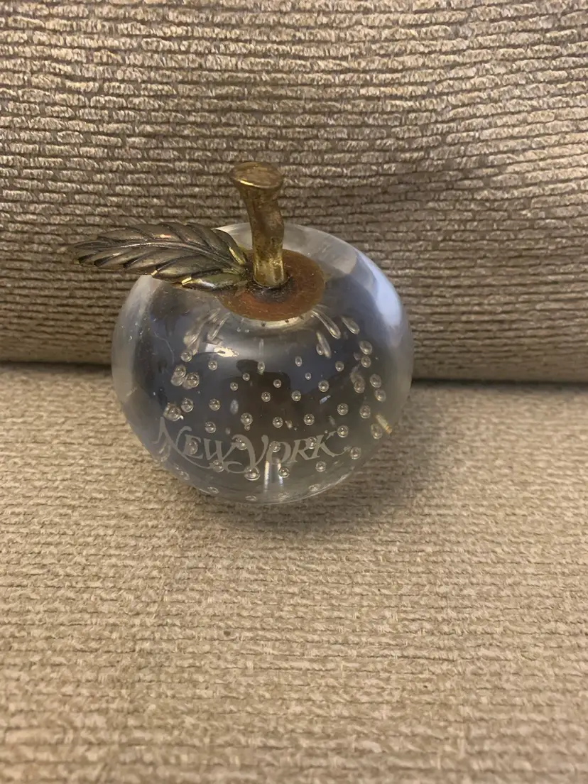 Art Glass Apple Paperweight With Brass Leaves & Stem Controlled Bubbles