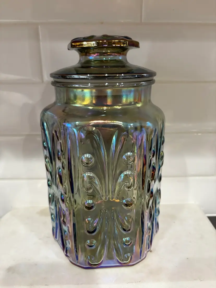 Vintage Carnival Glass Blue Iridescent Embossed Canister Cookie Jar