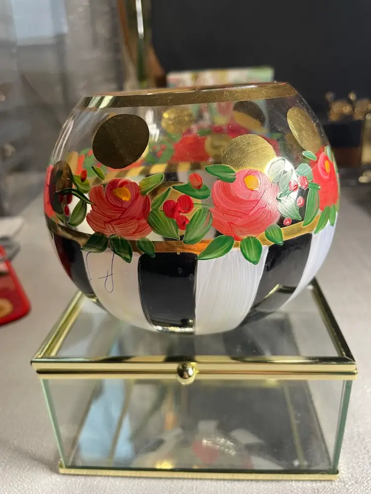 MacKenzie Childs Heirloom Rose Bowl Hand Painted Striped Floral Marked