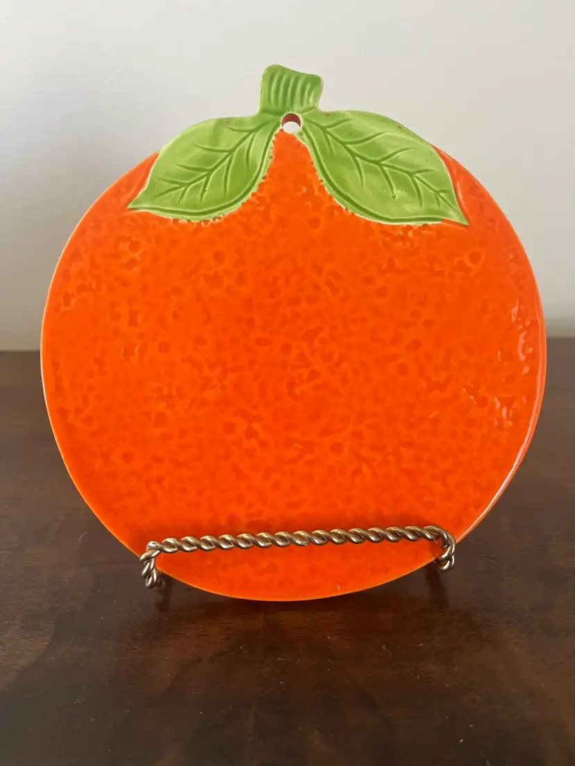 Vintage Bright Ceramic 6" Orange Trivet / Wall Plaque Country Kitchen Fruity