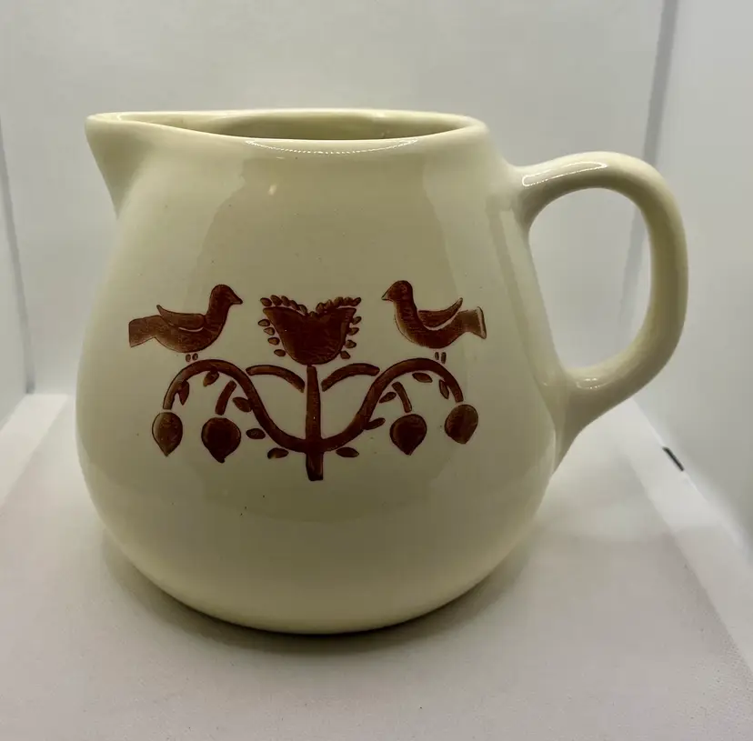 Antique Stoneware Ironstone Pitcher Jug Vase White Brown Folk Art Birds Floral Design