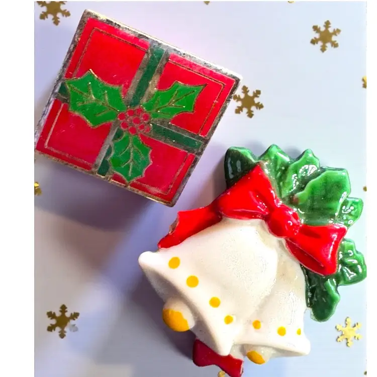 2 Christmas Scatter Lapel Hat Pins - 1 S.R.E. Signed Present - 1 Bells