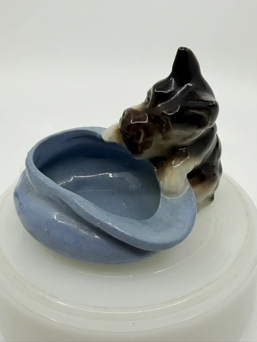 Vintage Japanese Porcelain Dog Figurine Terrier Dog Looking Into Blue Hat" 3.25”