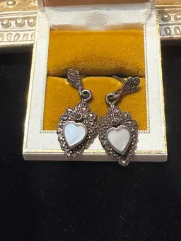 Sterling Silver Mother Of Pearl And Marcasite 
 Heart Drop Earrings