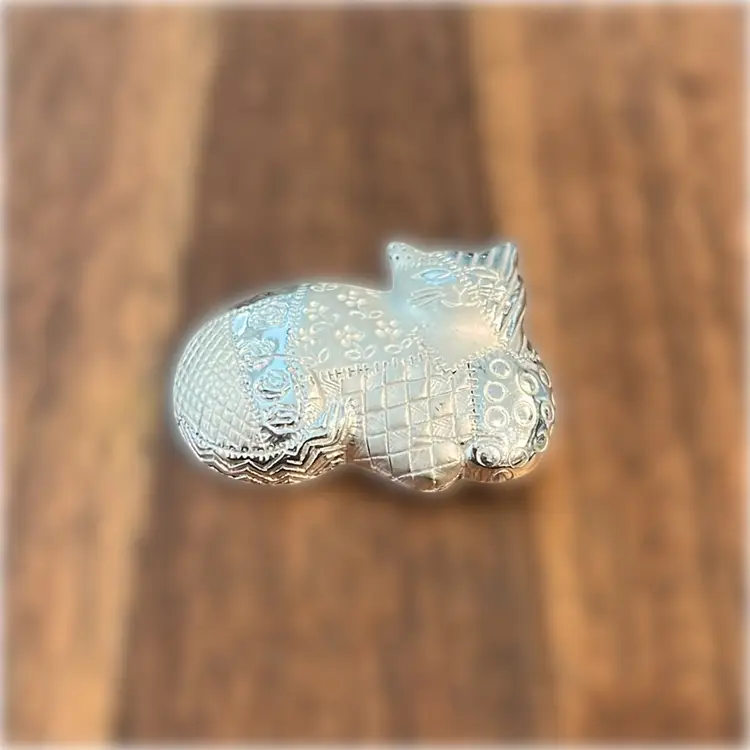 Vtg AJC Silver Toned Quilted Calico Patchwork Cat Brooch