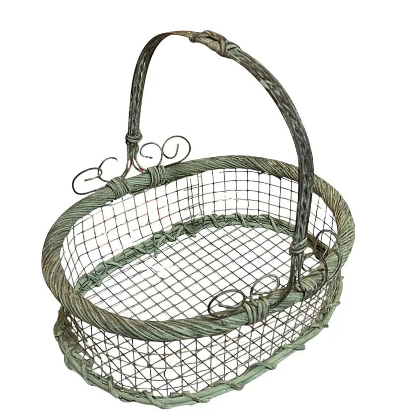Oval Green Wicker & Wire Basket with Handle, Hand Painted Vintage