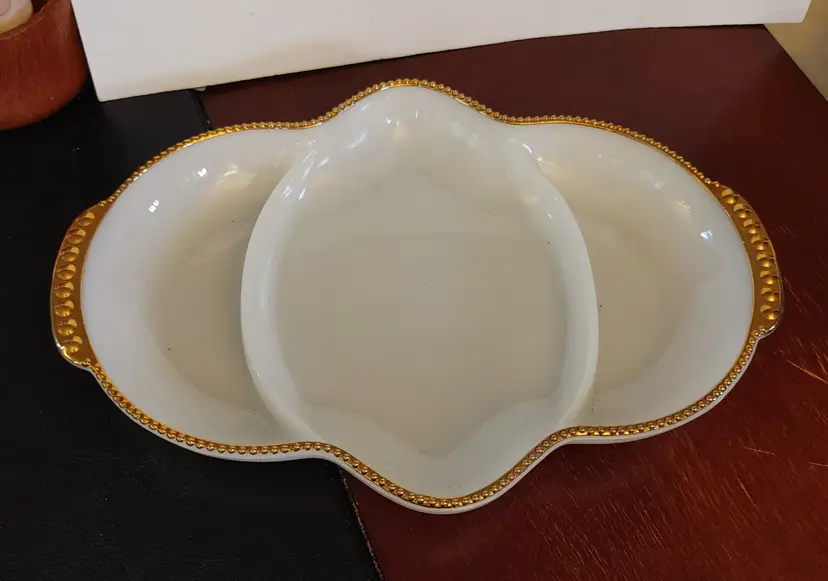 Fire King Oven Ware Milk Glass divided dish with gold trim. A. 8 x 11. No chips or cracks.