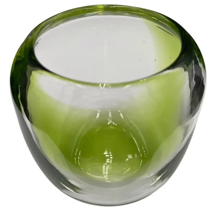 Hand-Blown Vase, Clear with Bright Green Band, Sleek, Heavy Glass