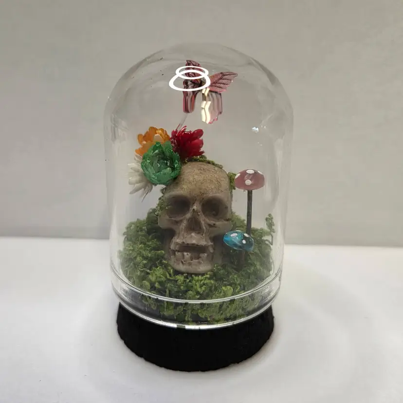 Skull With Flowers and Butterfly Mini Miniature Cloche