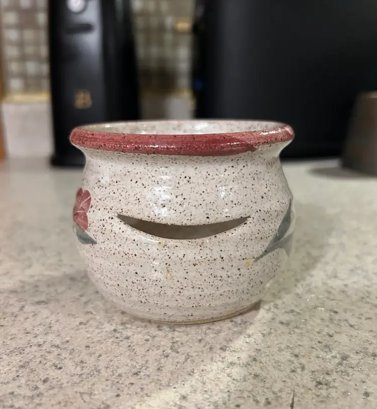 Vintage Hand-Painted Stoneware Tea- Light Holder with Floral Design, Signed