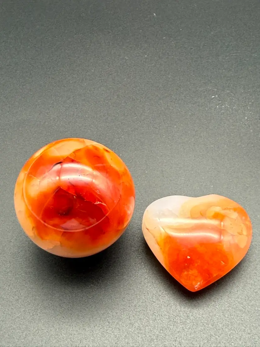 Natural Carnelian Sphere & Heart Red Stone Orb Crystal Reiki Hematite Stand