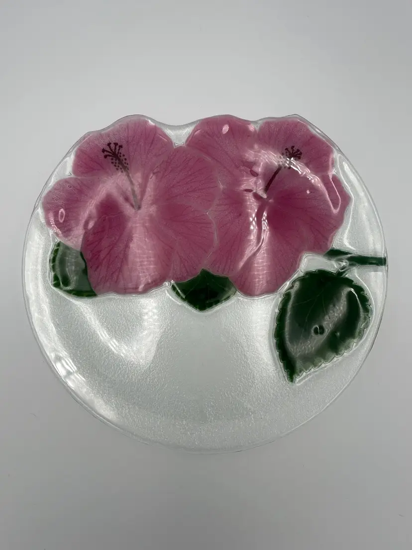 Fused Art Glass Pink Hibiscus Flower Cutout Plate