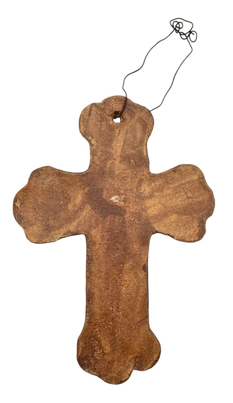 Art Pottery Wall Hanging Cross Crucifix Blue Brown Floral 5”