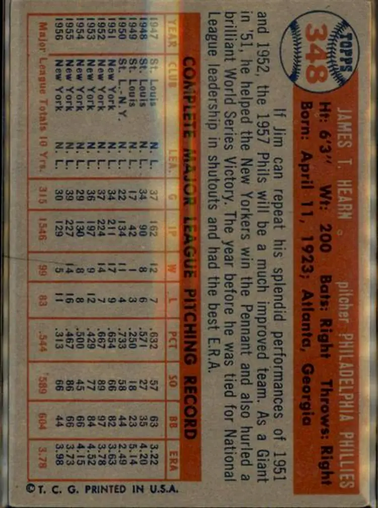 1957 Topps #348 Jim Hearn - ( pk1 ) - Philadelphia Phillies