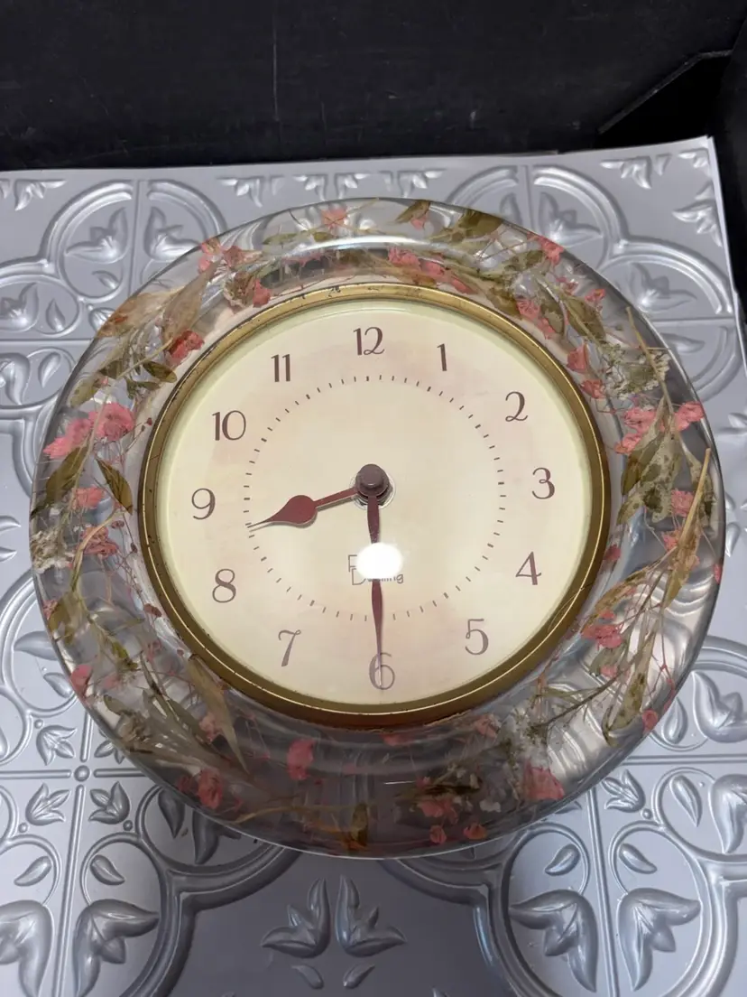 Vintage Lucite  Clock with Dried Pressed Flowers