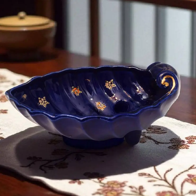 Vintage Cobalt Ceramic Moriage Leaf Bowl Dish Japan Ribbed Floral READ